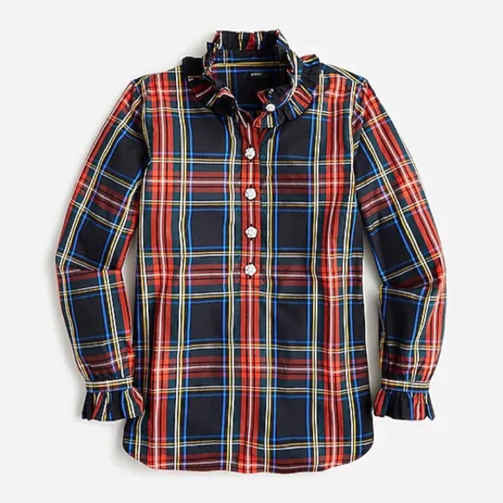J Crew Classic-fit ruffle-neck jewel-button popover in Stewart tartan si…